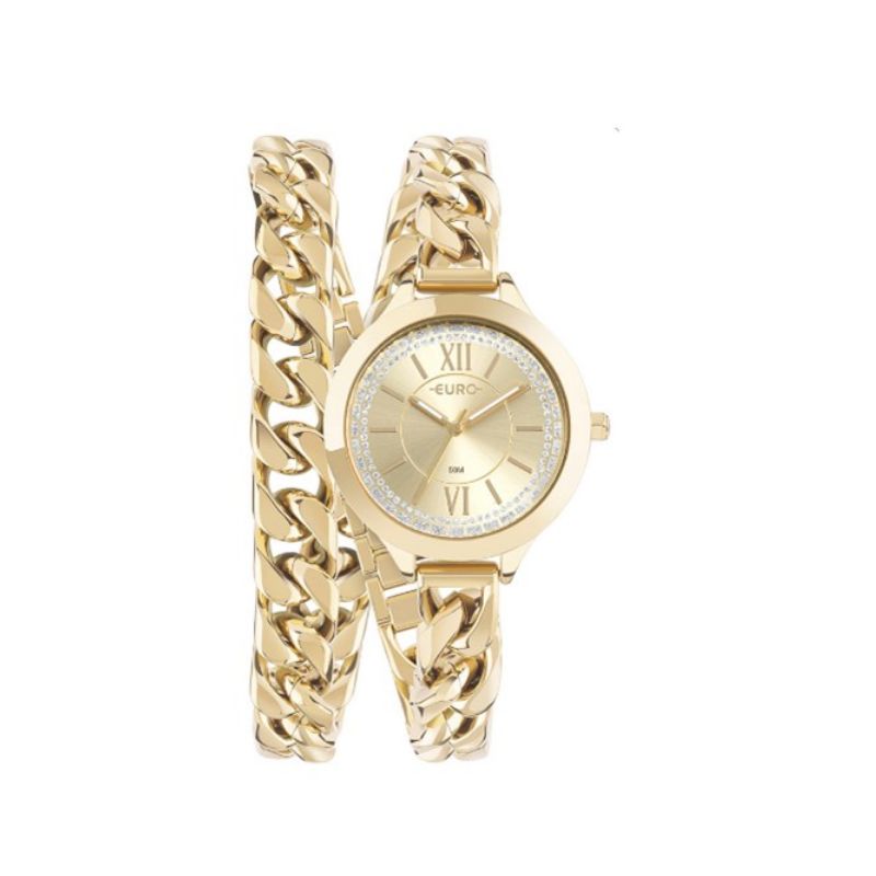Relogio analogico feminino com pulseira elos EU2035YUA/4D com duas voltas dourado
