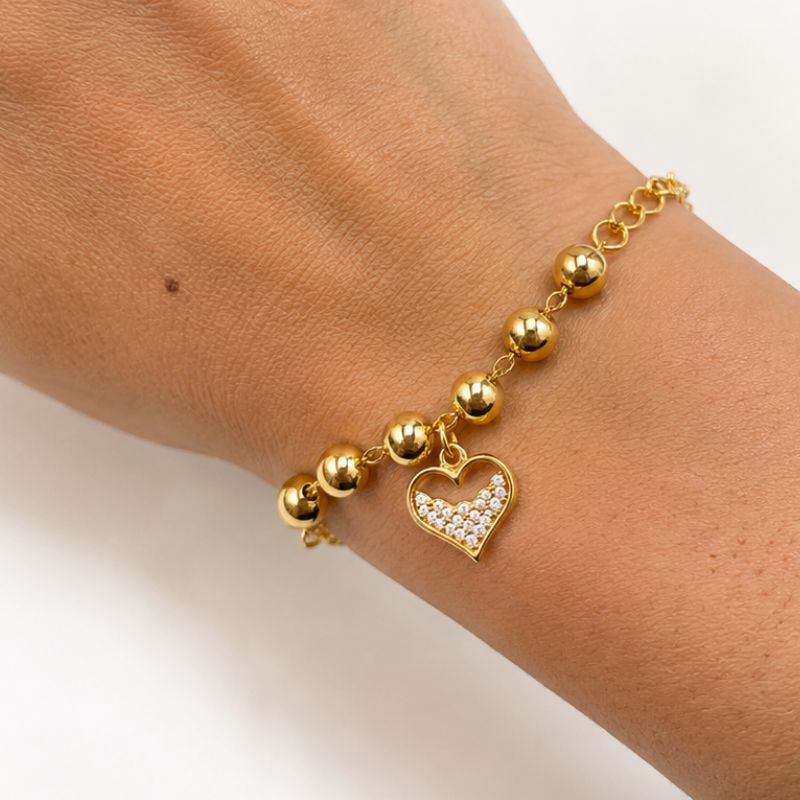 PULSEIRA BOLAS E CORAÇÃO CRAVEJADO