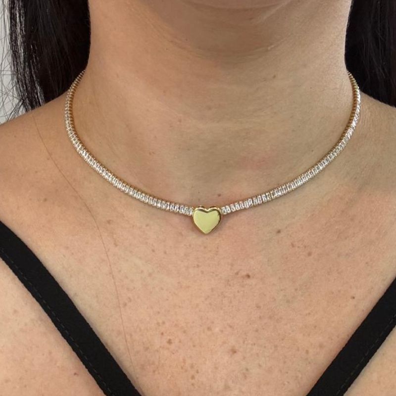 CHOKER RIVIERA BAGUETES E CORAÇÃO LISO