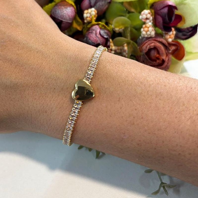 PULSEIRA REGULAGEM RIVIERA BAGUETES E CORAÇÃO LISO