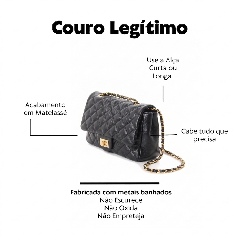 Bolsa Média Matelassê em Couro Legítimo Preta