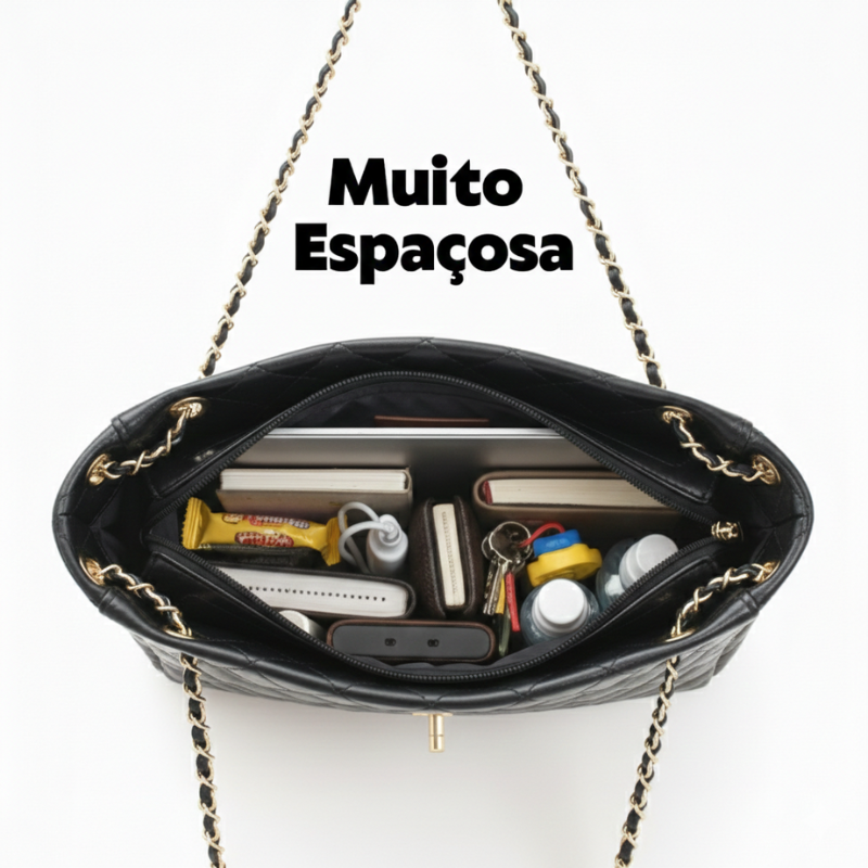 Bolsa Grande Matelassê em Couro Legítimo Preta