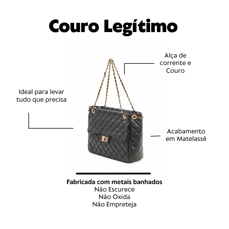 Bolsa Grande Matelassê em Couro Legítimo Preta