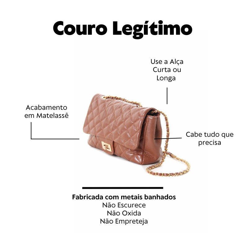 Bolsa Média Matelassê em Couro Legítimo Marrom