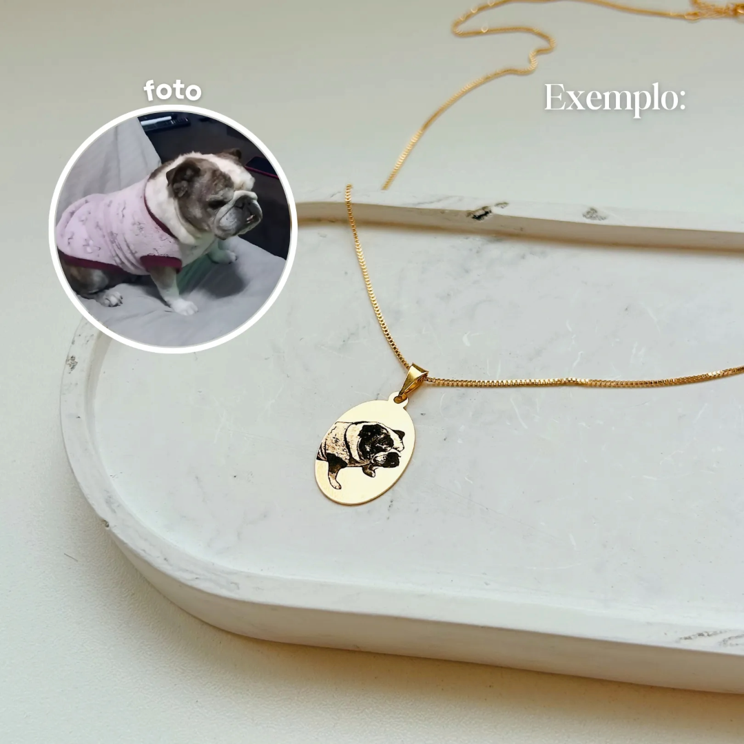 COLAR PERSONALIZADO MEDALHA OVAL 15X25MM DOURADO. 60CM DE COMPRIMENTO. BANHADO A OURO 18K.