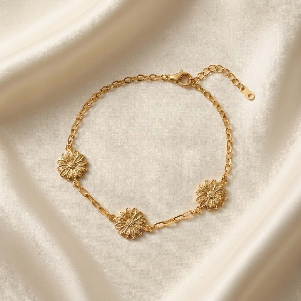 Pulseira Elo Cartier Com Três Margariadas Folheada a Ouro 18K