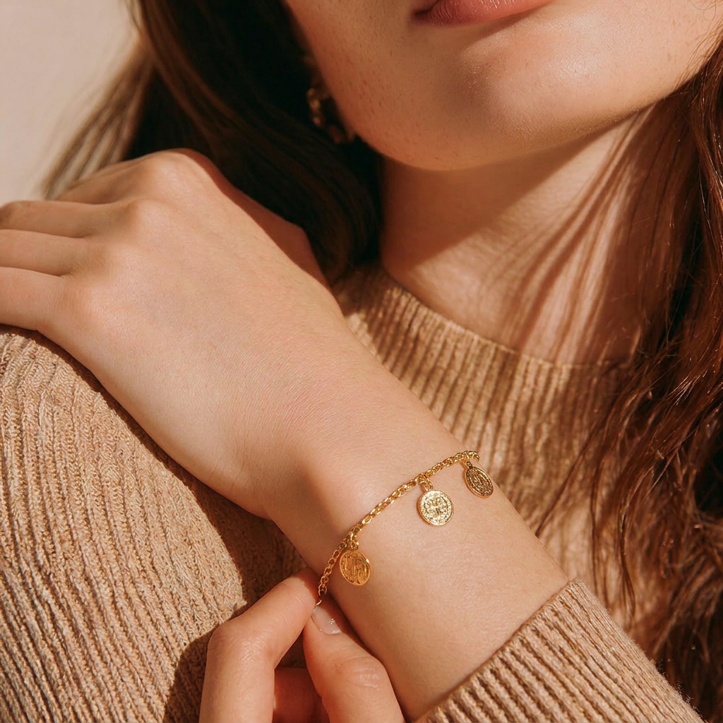 Pulseira Com Pingentes de São Bento Folheada a Ouro 18K