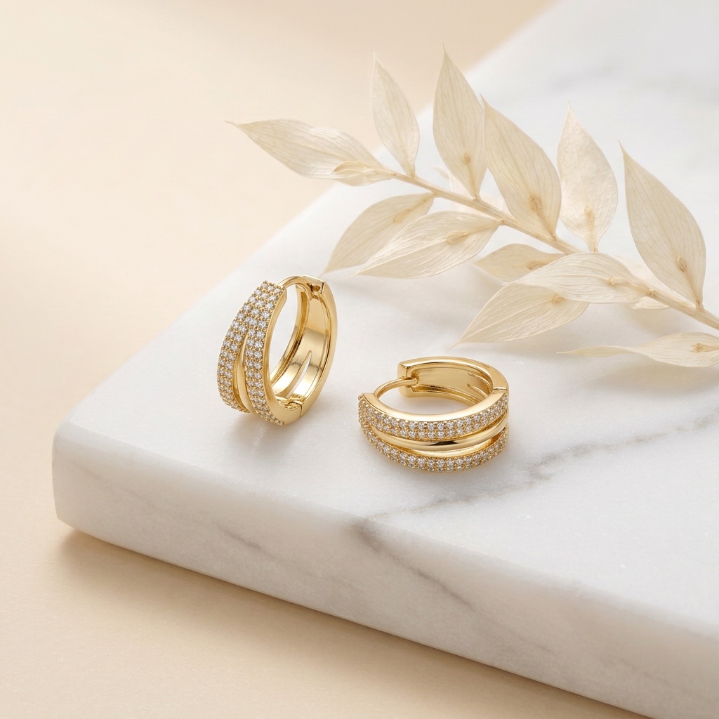 Brinco de Argola Dupla Cravejada em Zircônias Folheado a Ouro 18K