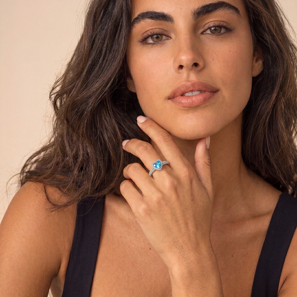 Anel Princesa Coração Cor Turquesa Cravejado em Zircônias Folehado a Ouro 18K