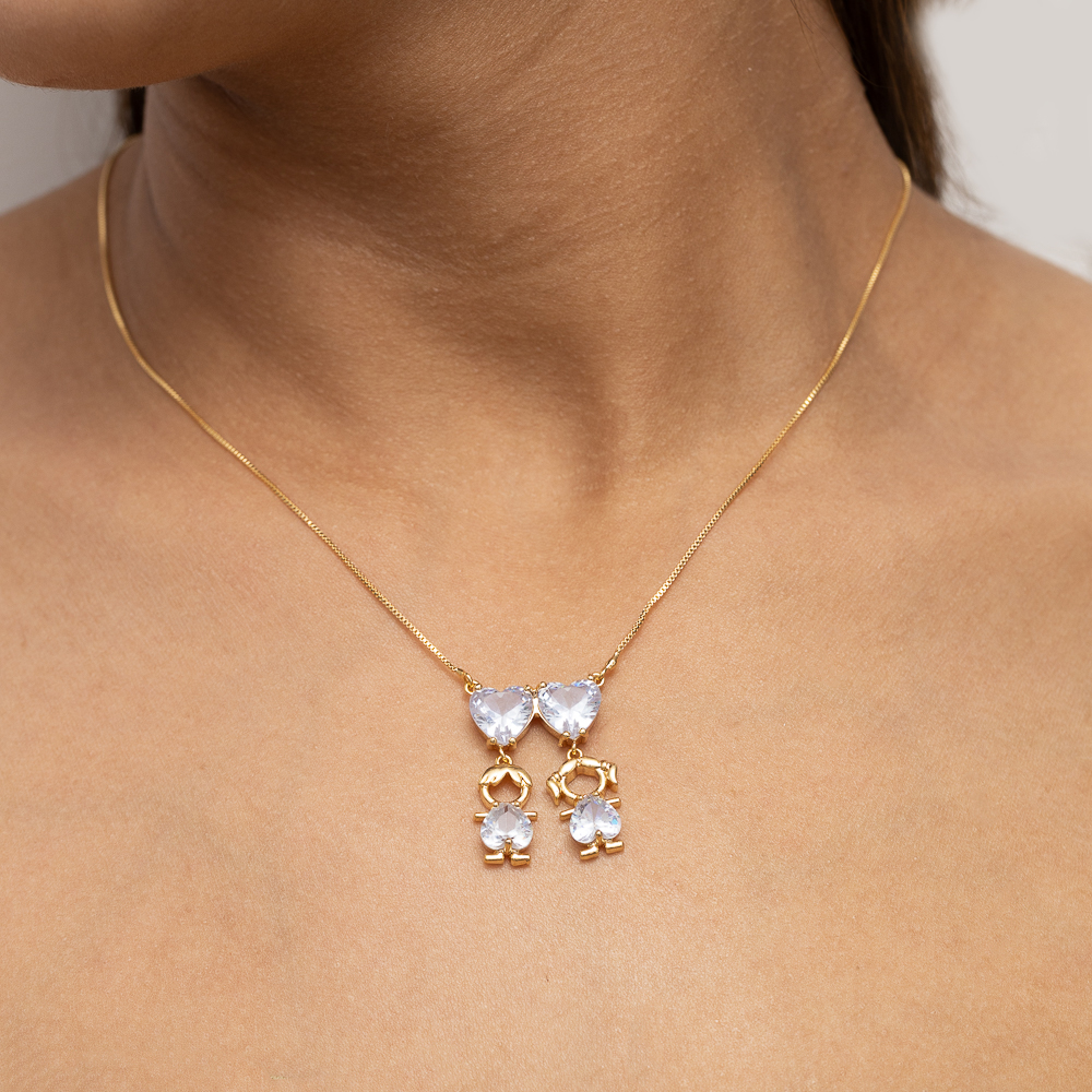 COLAR FILHOS CASAL COM PEDRA CRISTAL BANHO OURO 18K