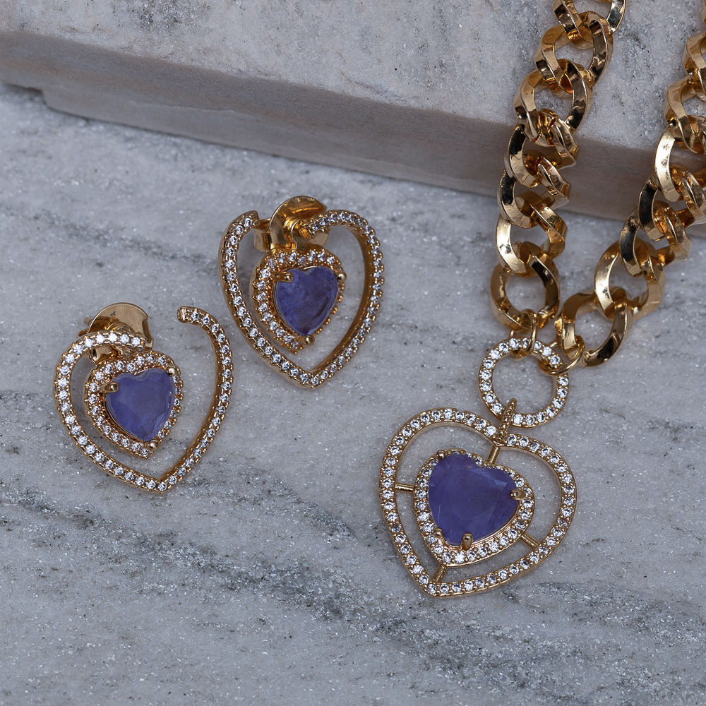 CONJUNTO CORAÇÃO ZIRCÔNIA ROXA BANHO OURO 18K