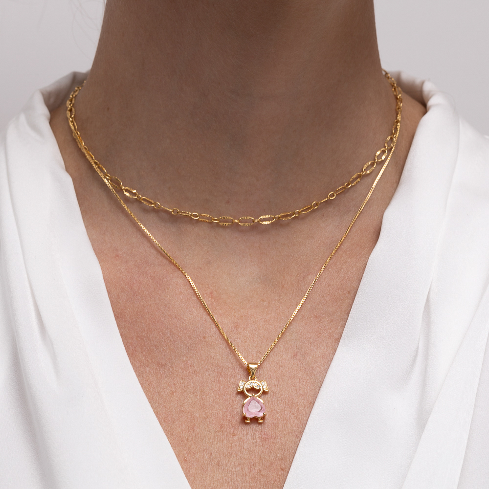 COLAR FILHO MENINA PEDRA ROSA BANHO OURO 18K
