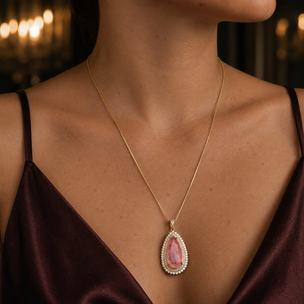 COLAR GOTA COM ZIRCÔNIAS E PEDRA SALMÃO G BANHO  OURO 18K