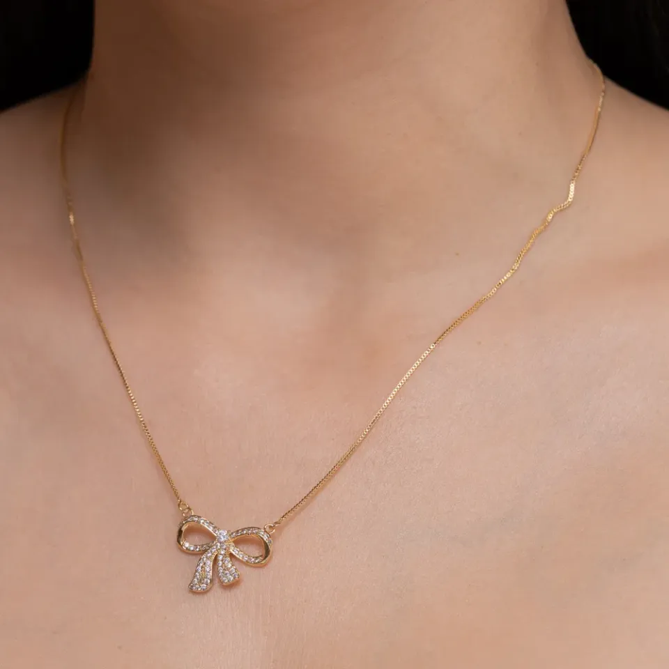 CONJUNTO LAÇO COM ZIRCÔNIAS CRISTAIS BANHO OURO 18K