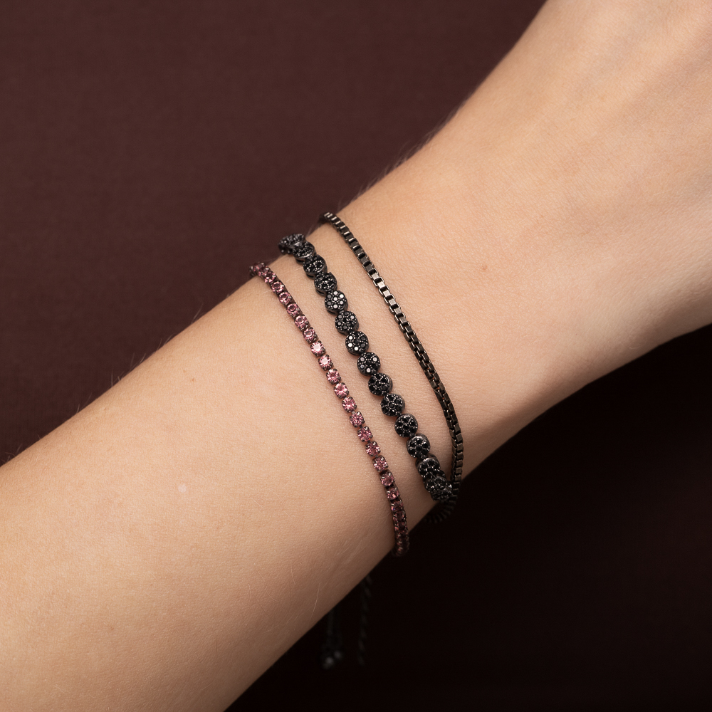 PULSEIRA RIVIERA COM PEDRAS ROSA BANHO RÓDIO NEGRO