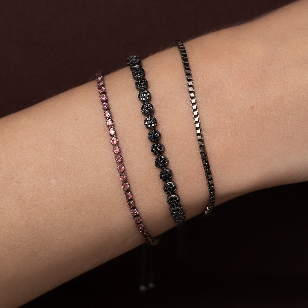 PULSEIRA RIVIERA COM PEDRAS ROSA BANHO RÓDIO NEGRO