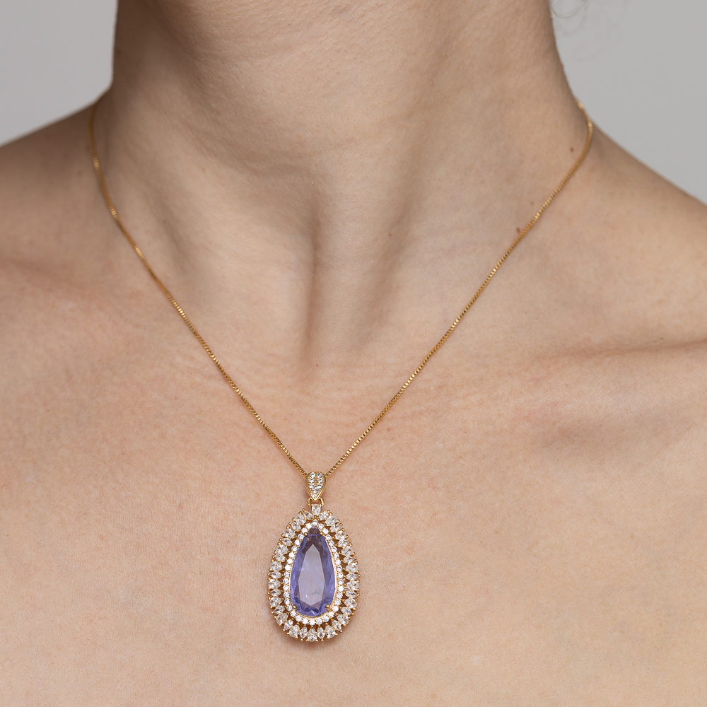 COLAR GOTA COM ZIRCÔNIAS E PEDRA ROXA M BANHO OURO 18K