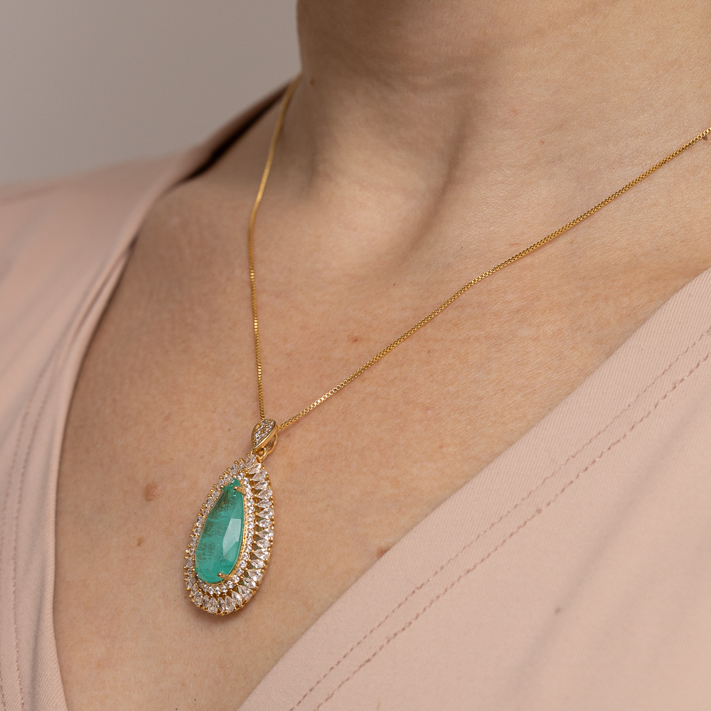 COLAR GOTA COM ZIRCÔNIAS E PEDRA VERDE TIFFANY G BANHO OURO 18K
