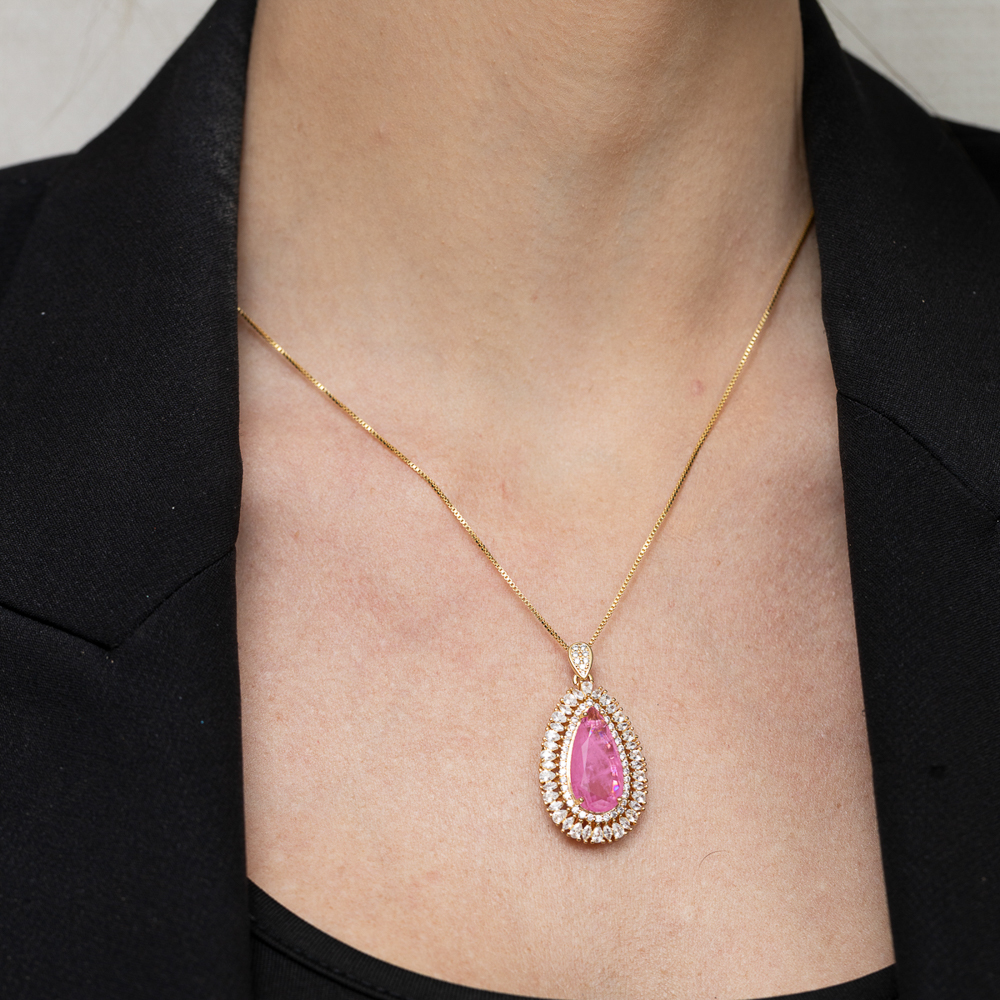 COLAR GOTA COM ZIRCÔNIAS E PEDRA PINK M BANHO OURO 18K