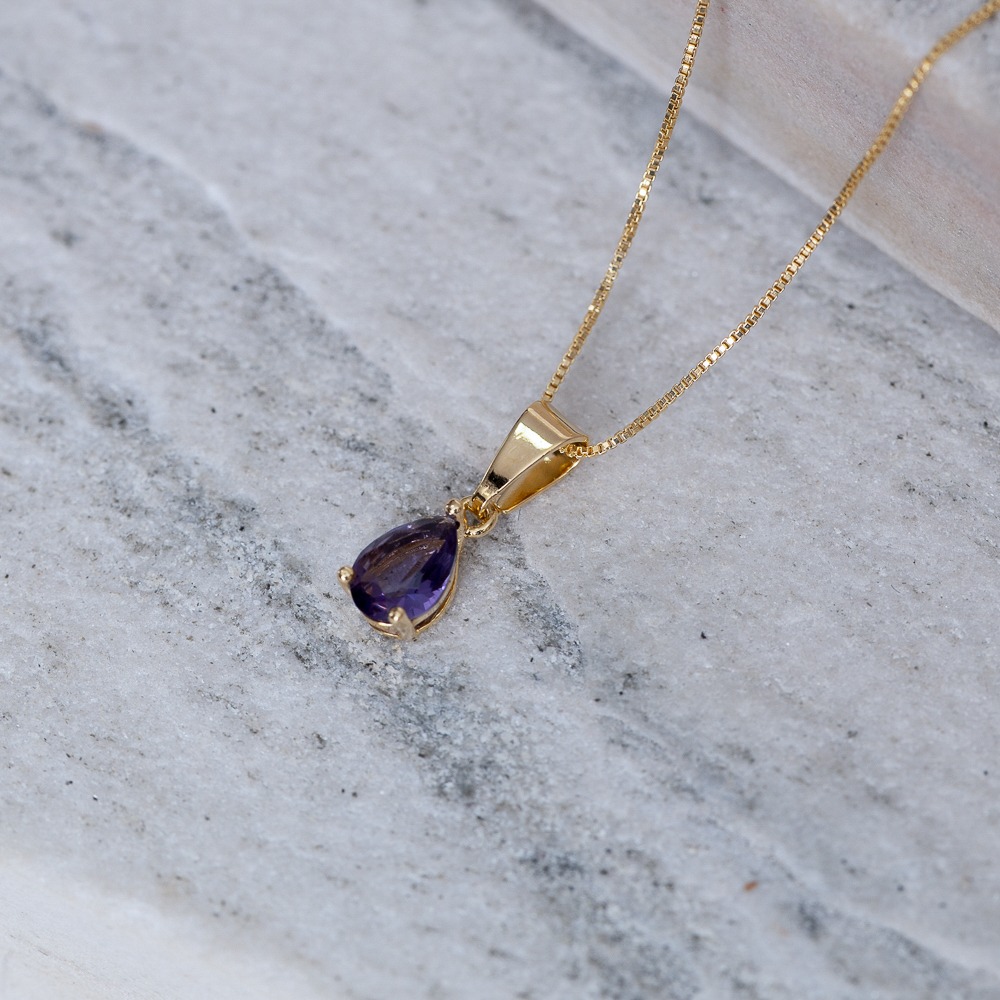 COLAR PONTO DE LUZ GOTINHA ROXA BANHO OURO 18K