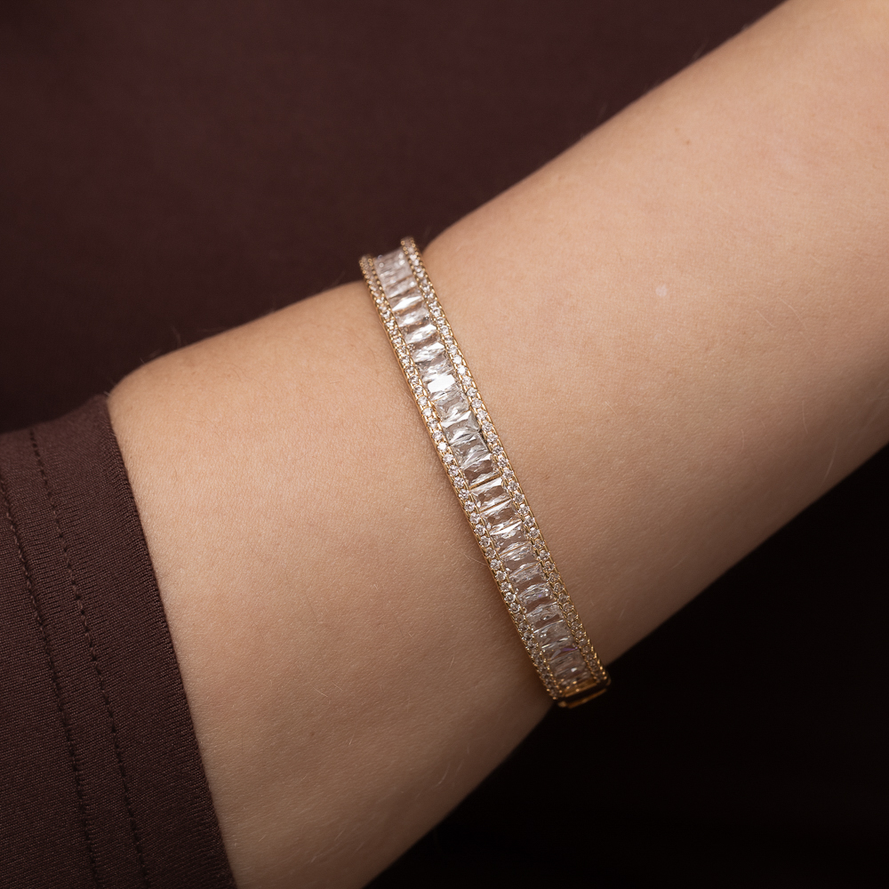 BRACELETE COM ZIRCÔNIAS NAVETE CRISTAIS BANHO OURO 18K