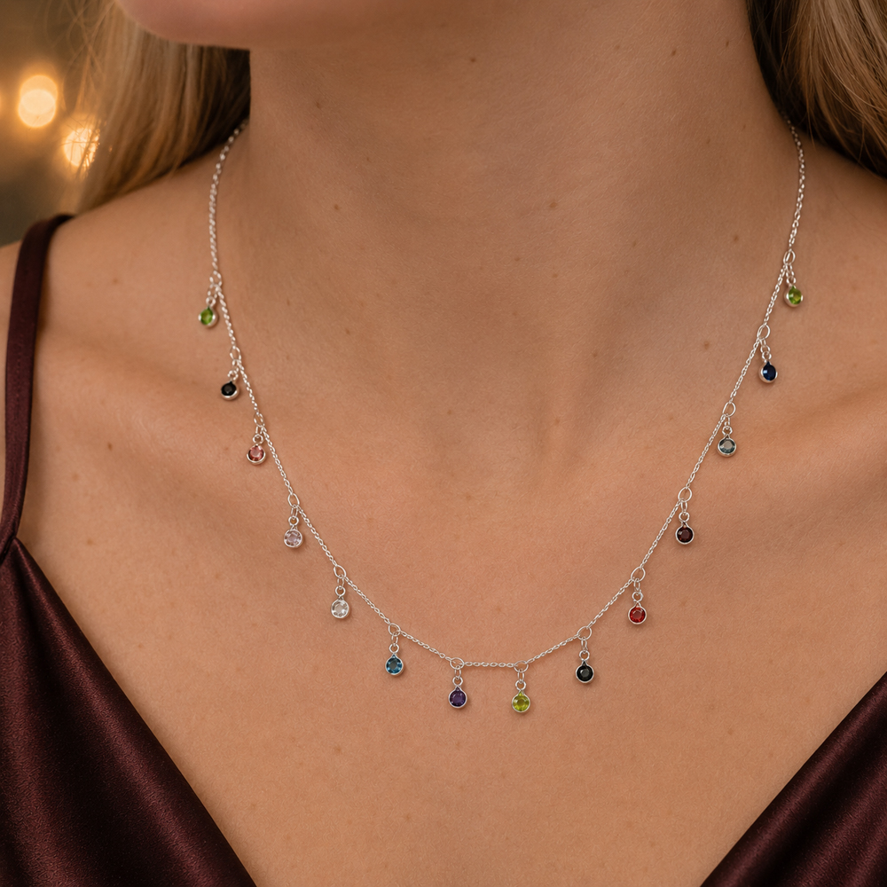 CHOKER COM CRISTAIS COLORIDOS BANHO PRATA