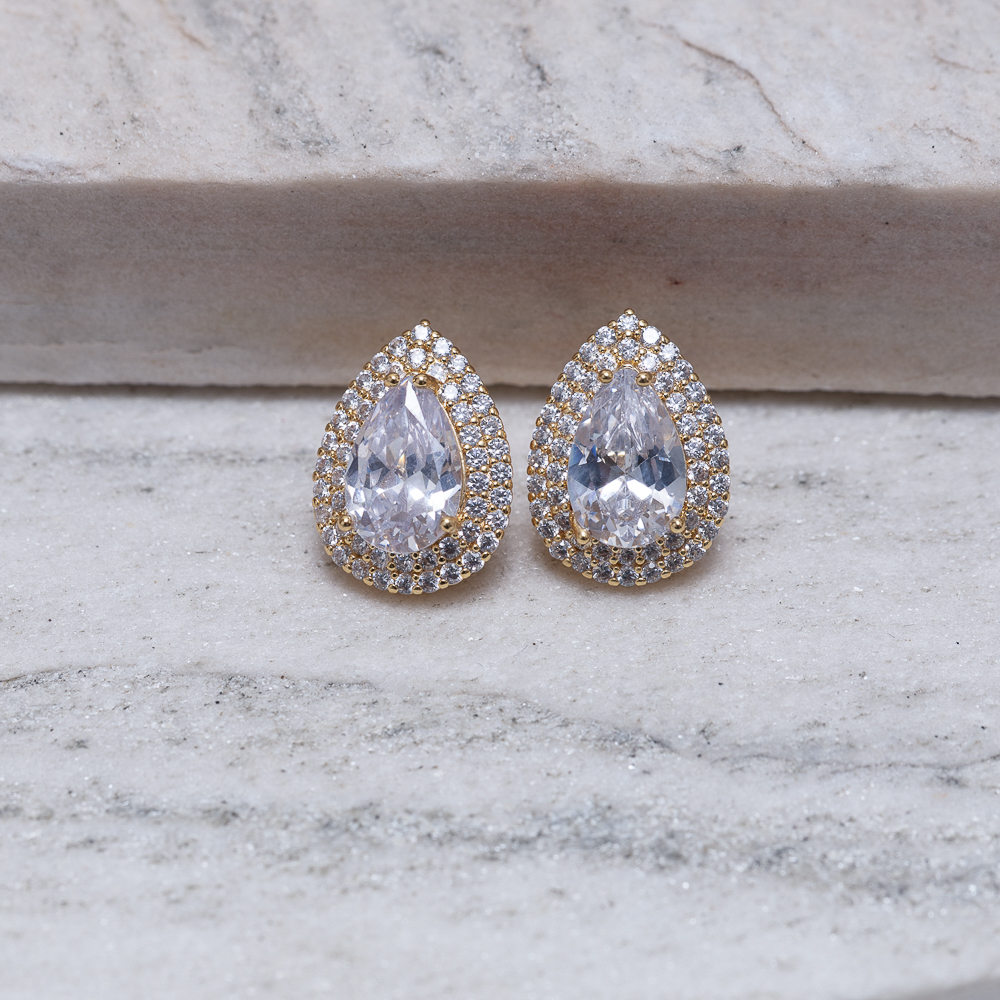 BRINCO GOTA CRAVEJADA CRISTAL BANHO OURO 18K