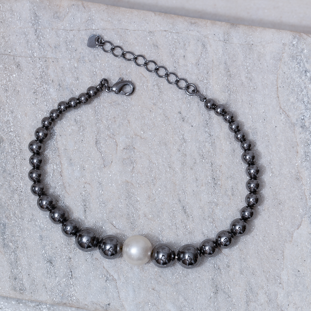 PULSEIRA BOLINHAS COM PERÓLA BANHO RÓDIO NEGRO