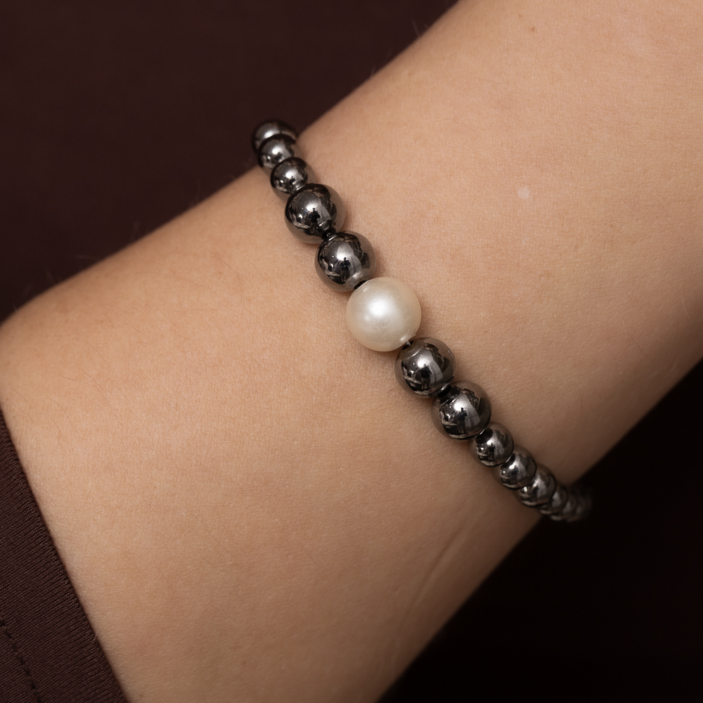PULSEIRA BOLINHAS COM PERÓLA BANHO RÓDIO NEGRO