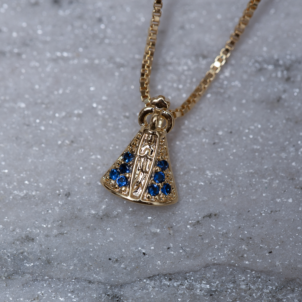 COLAR NOSSA SENHORA PP MANTO AZUL BANHO OURO 18K