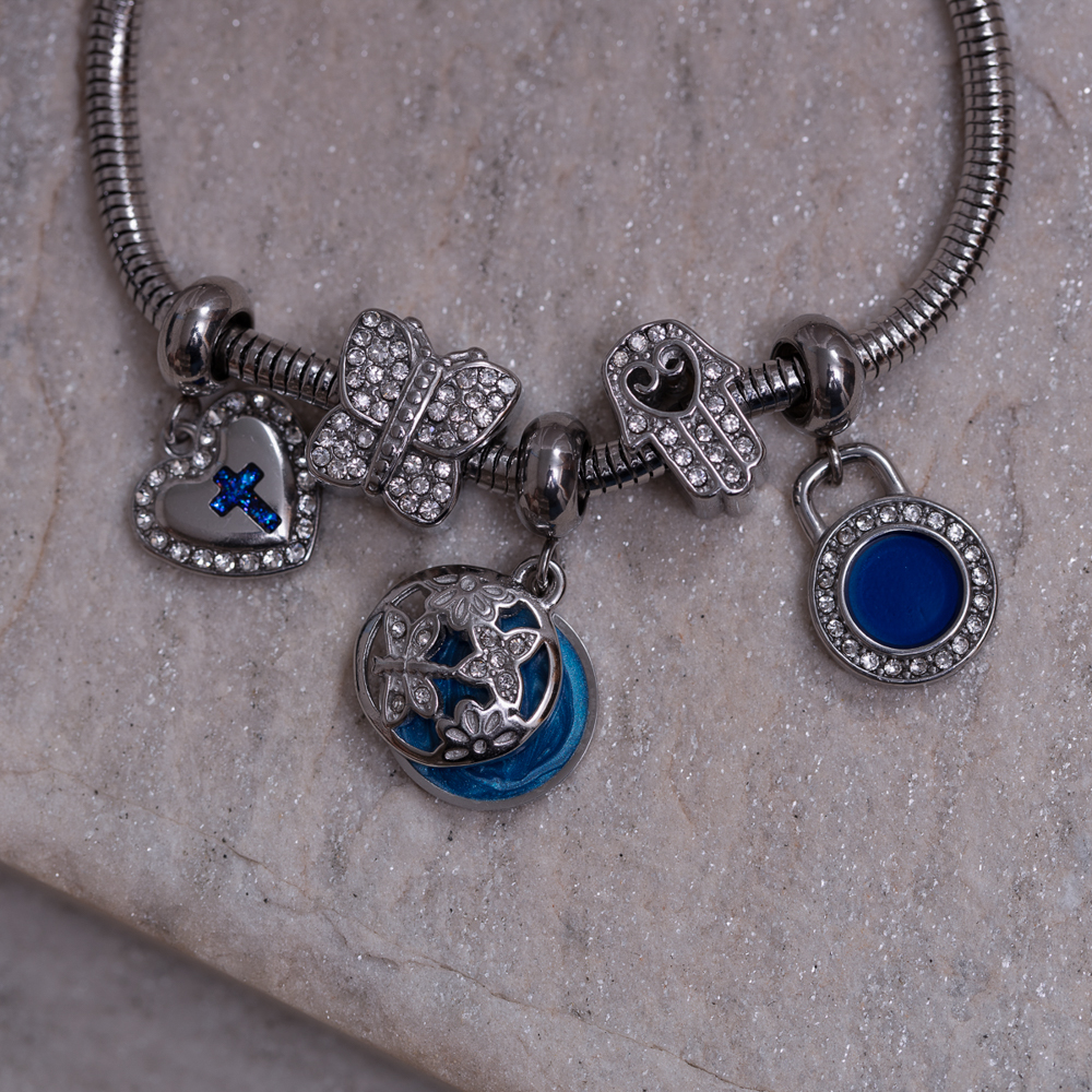 PULSEIRA 5 BERLOQUES MADREPÉROLA AZUL ESCURO 18CM AÇO INOX
