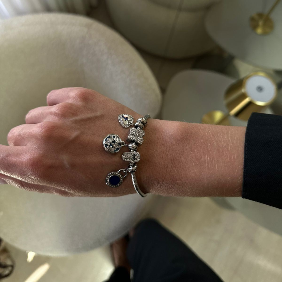 PULSEIRA 5 BERLOQUES MADREPÉROLA AZUL ESCURO 18CM AÇO INOX