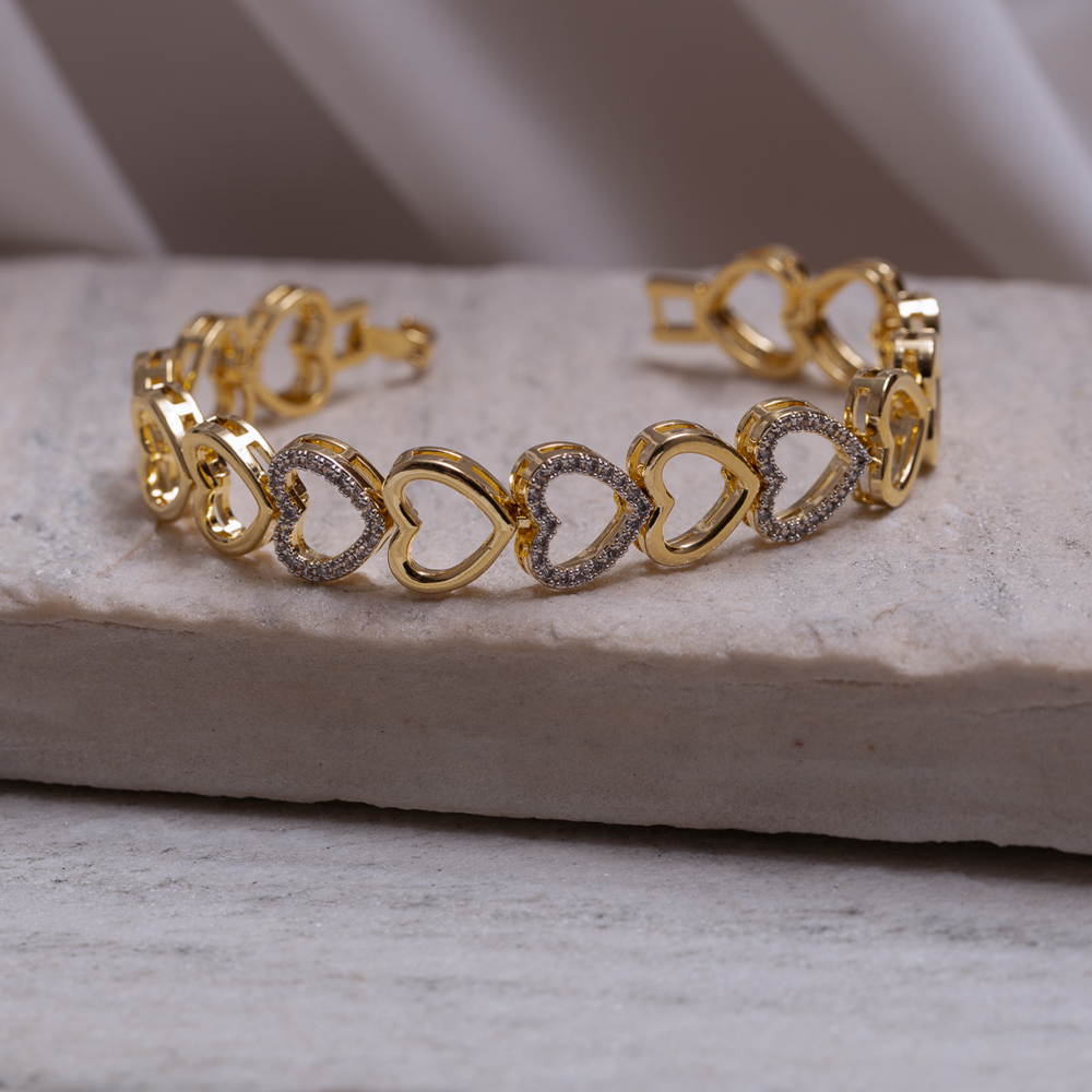 PULSEIRA CORAÇÃO LISO E COM ZIRCÔNIAS BANHO OURO 18K