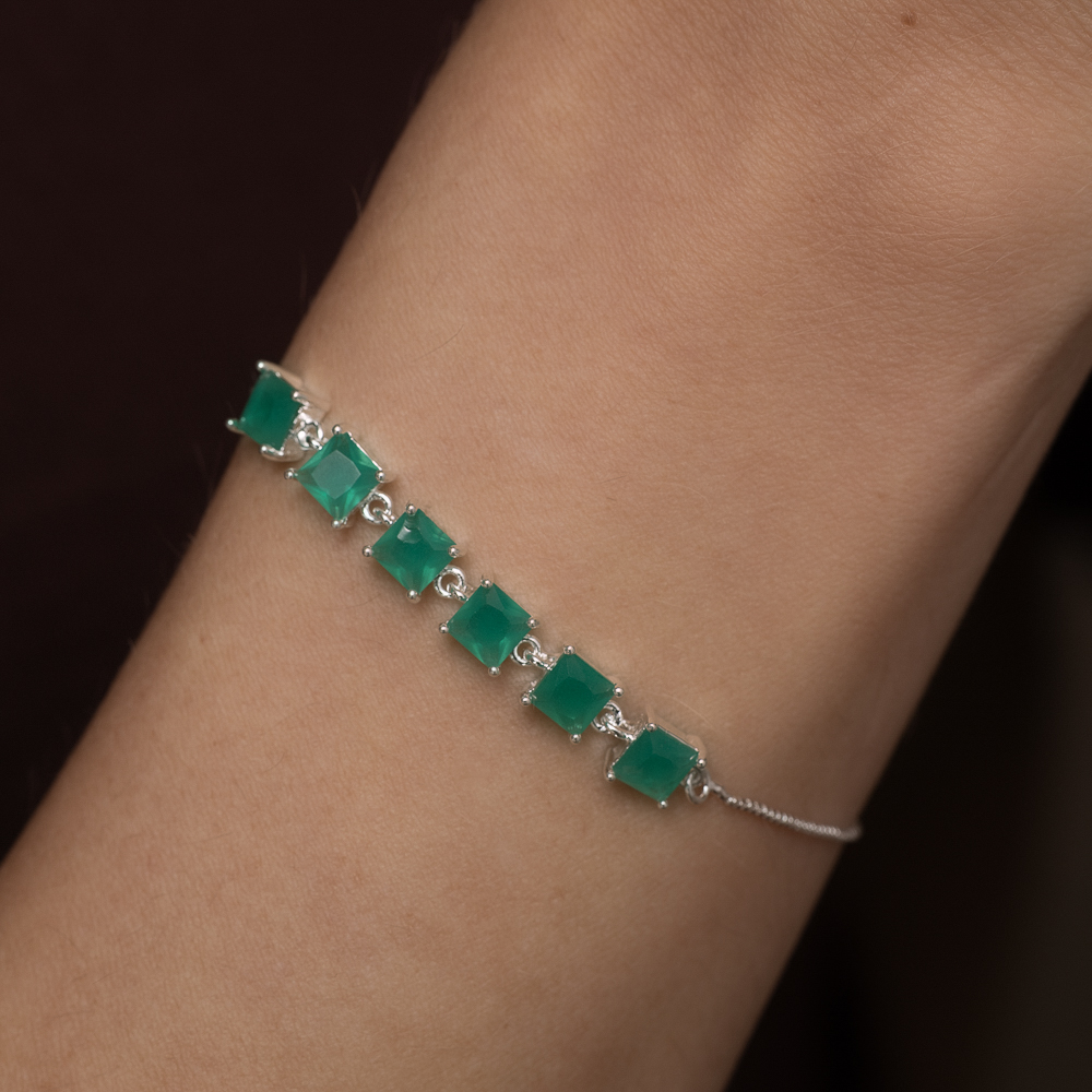 PULSEIRA GRAVATINHA QUADRADOS VERDE TIFFANY BANHO PRATA