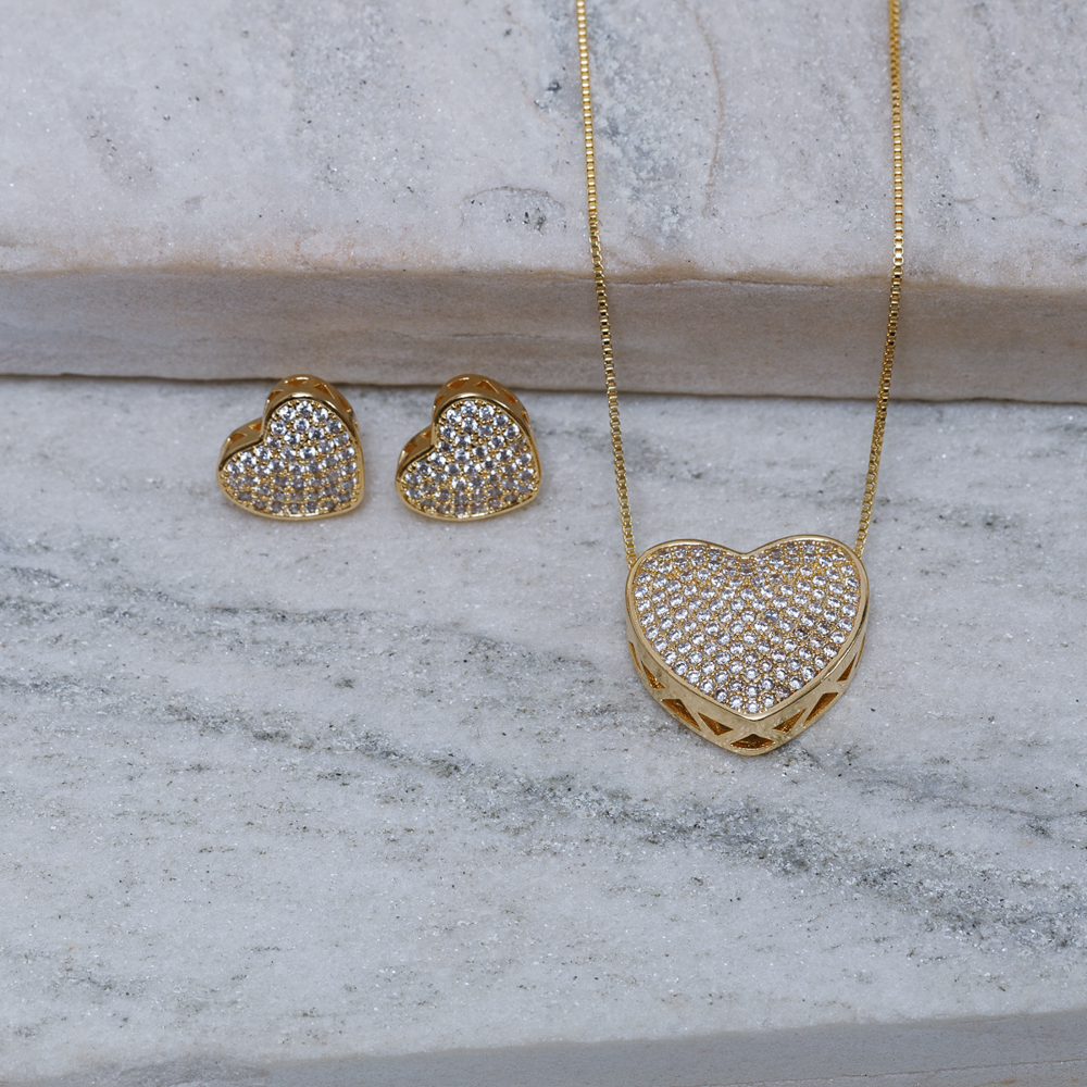 CONJUNTO CÍRCULO TRIPLO CRAVEJADO BANHO OURO 18K