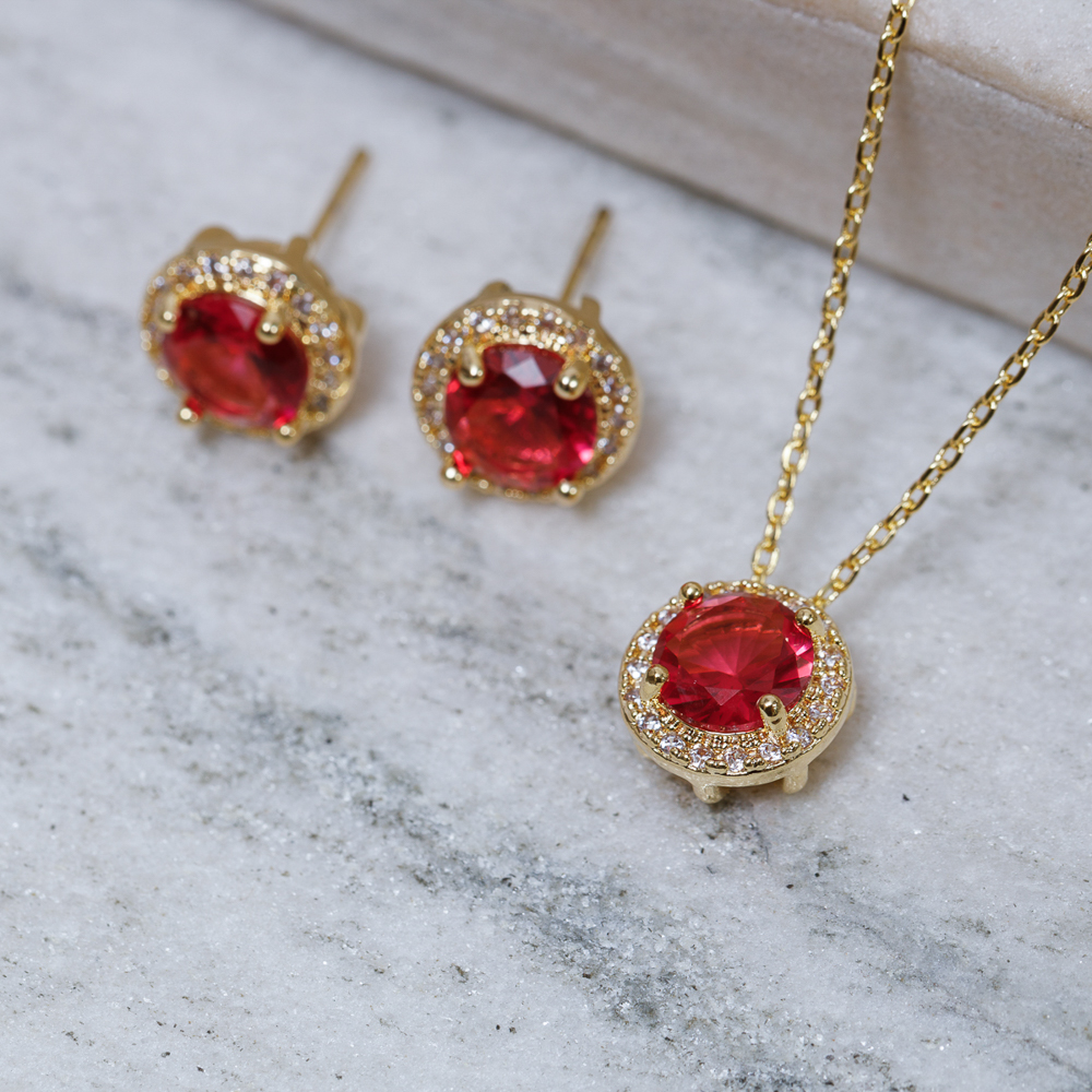 CONJUNTO PONTO DE LUZ VERMELHO RUBI BANHO OURO 18K
