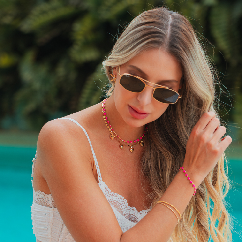 PULSEIRA CORAÇÕES ESMALTADOS PINK BANHO OURO 18K
