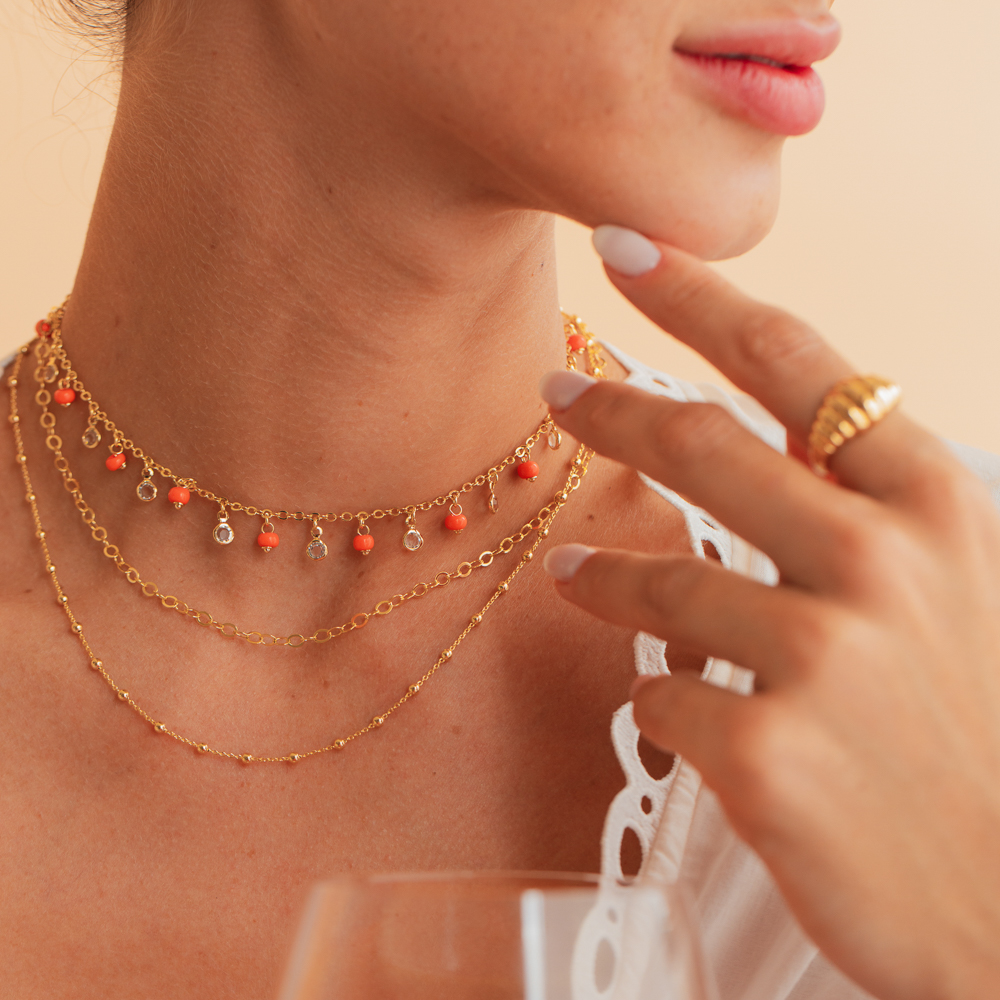 CHOKER CORRENTE DUPLA ELOS E BOLINHAS BANHO OURO 18K