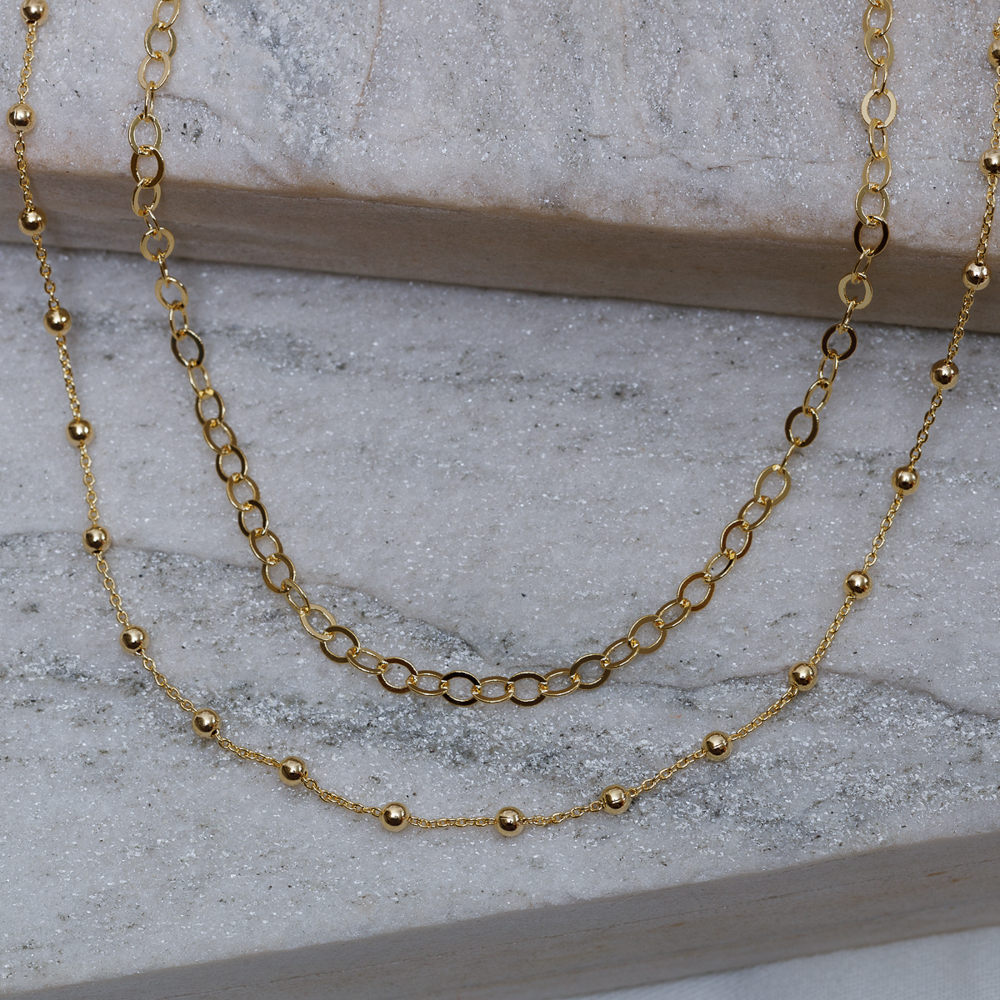 CHOKER CORRENTE DUPLA ELOS E BOLINHAS BANHO OURO 18K