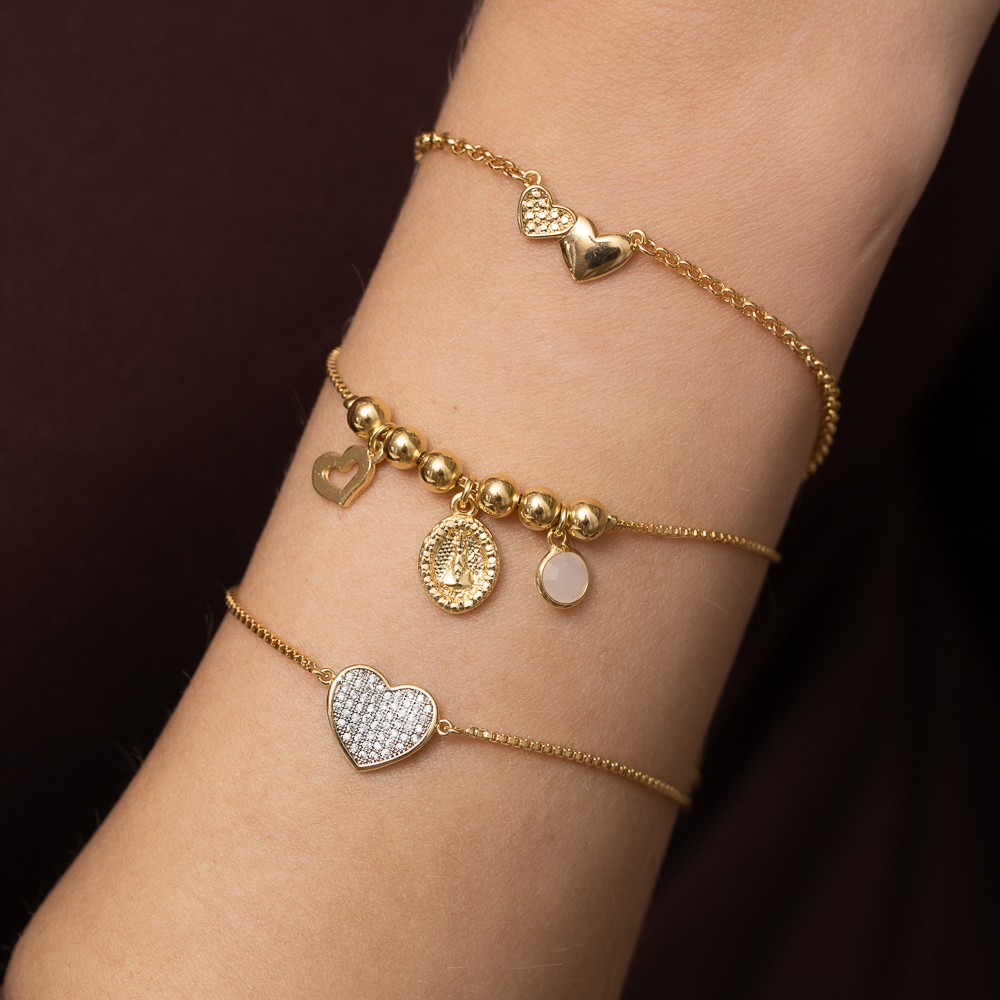 PULSEIRA CORAÇÃO COM CANETA RÓDIO BRANCO BANHO OURO 18K