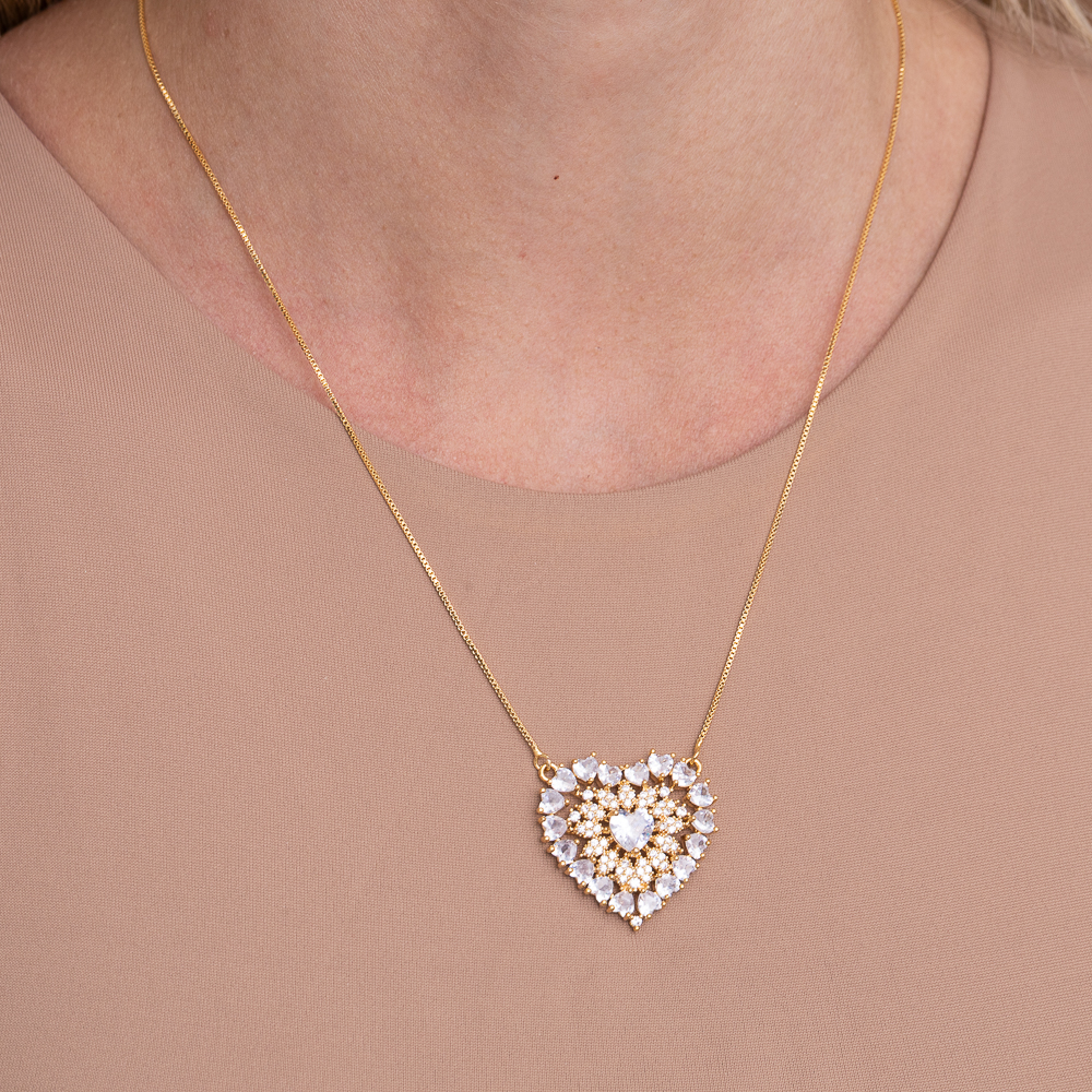 COLAR CORAÇÃO COM ZIRCÔNIAS CRISTAIS BANHO OURO 18K