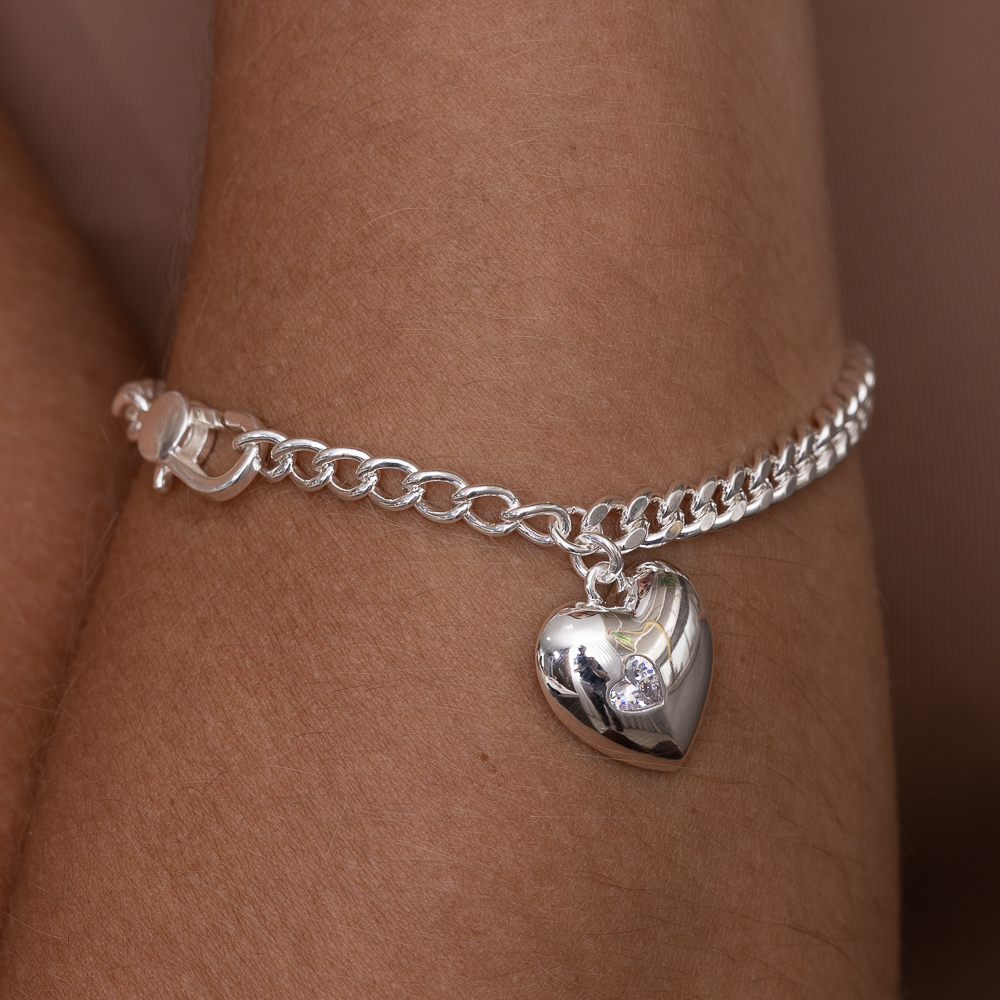 PULSEIRA CORAÇÃO LISO E COM PEDRA CRISTAL BANHO PRATA