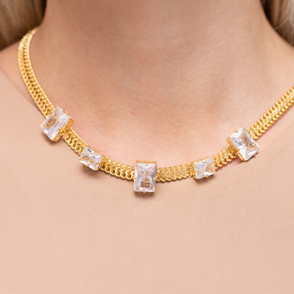 COLAR CORRENTE LACRAIA COM PEDRAS CRISTAIS BANHO OURO 18K