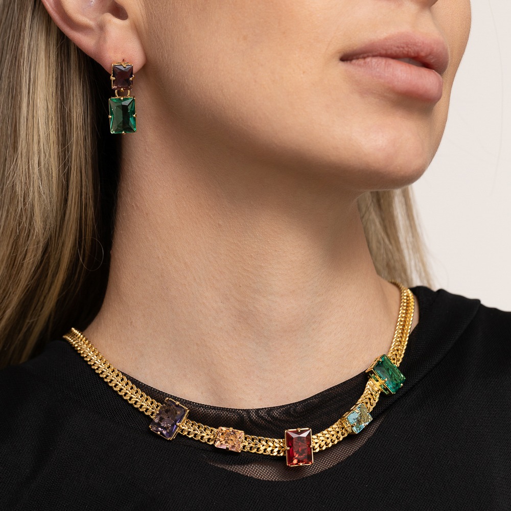 COLAR CORRENTE LACRAIA COM PEDRAS COLORIDAS BANHO OURO 18K