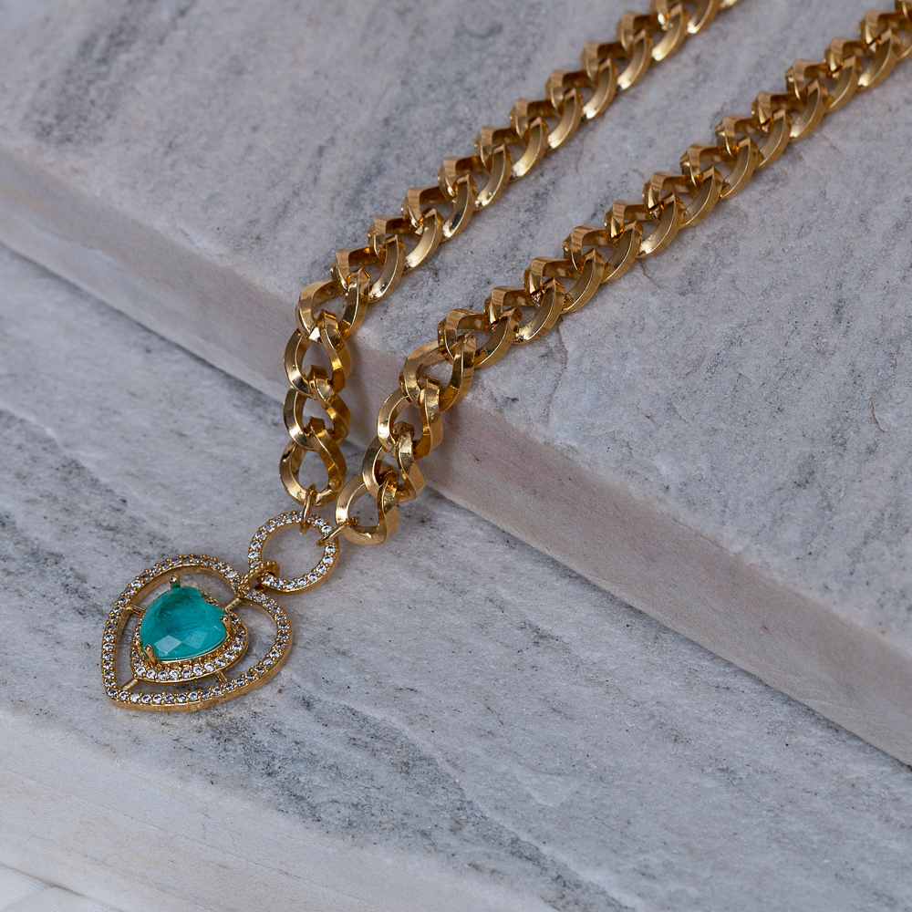 COLAR GRUMET CORAÇÃO COM PEDRA VERDE TIFANNY BANHO OURO 18K