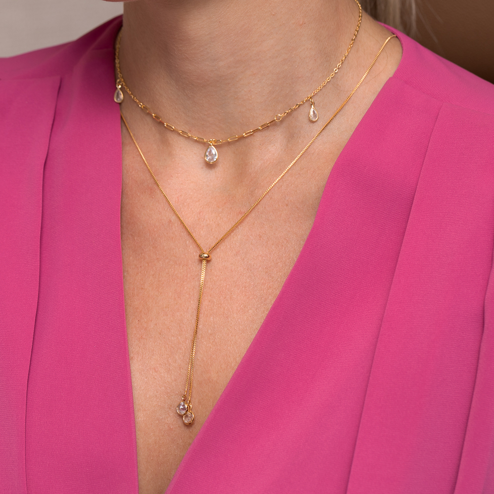 COLAR GRAVATINHA COM PONTOS DE LUZ CRISTAIS BANHO OURO 18K