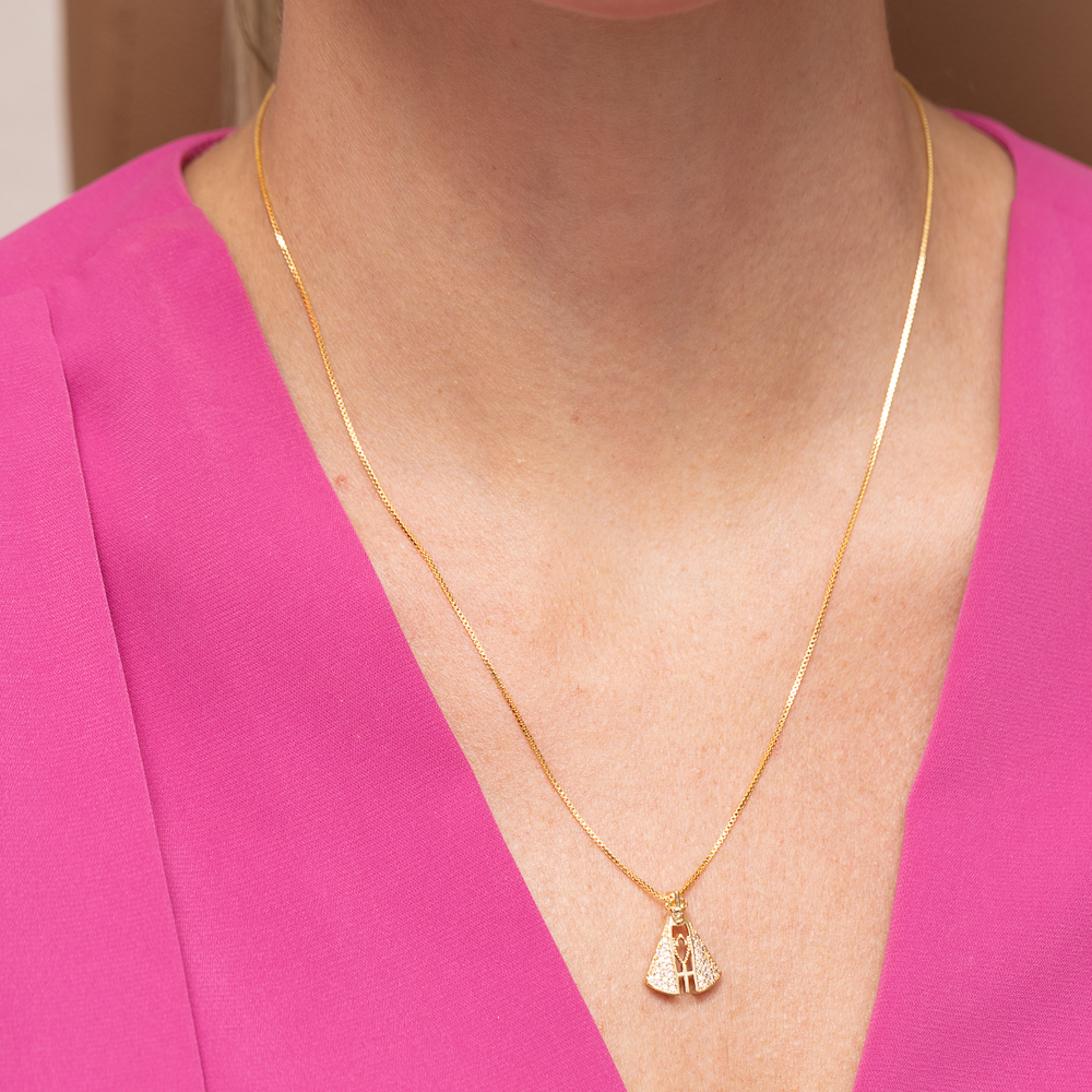 COLAR NOSSA SENHORA CRAVEJADA CRISTAL BANHO OURO 18K