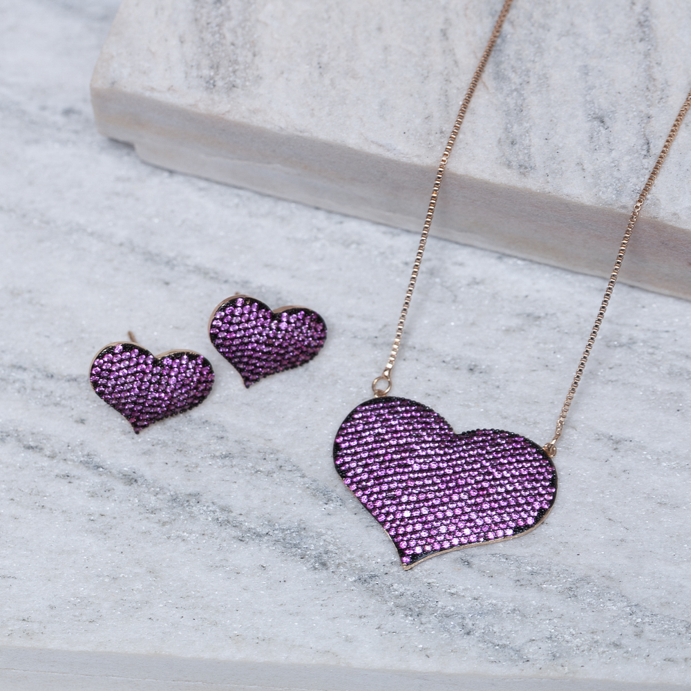 CONJUNTO CORAÇÃO COM ZIRCÔNIAS PINK BANHO ROSÉ
