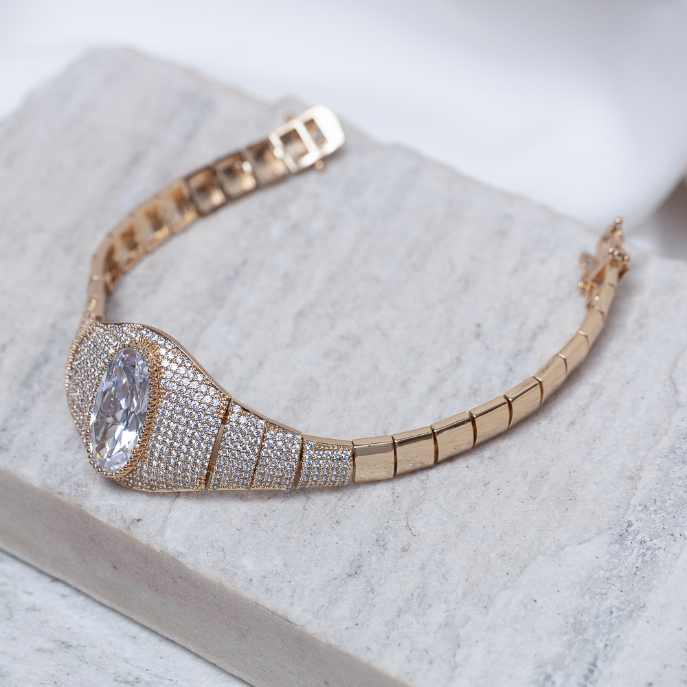PULSEIRA JOIA CRAVEJADA E COM PEDRA CRISTAL BANHO OURO 18K
