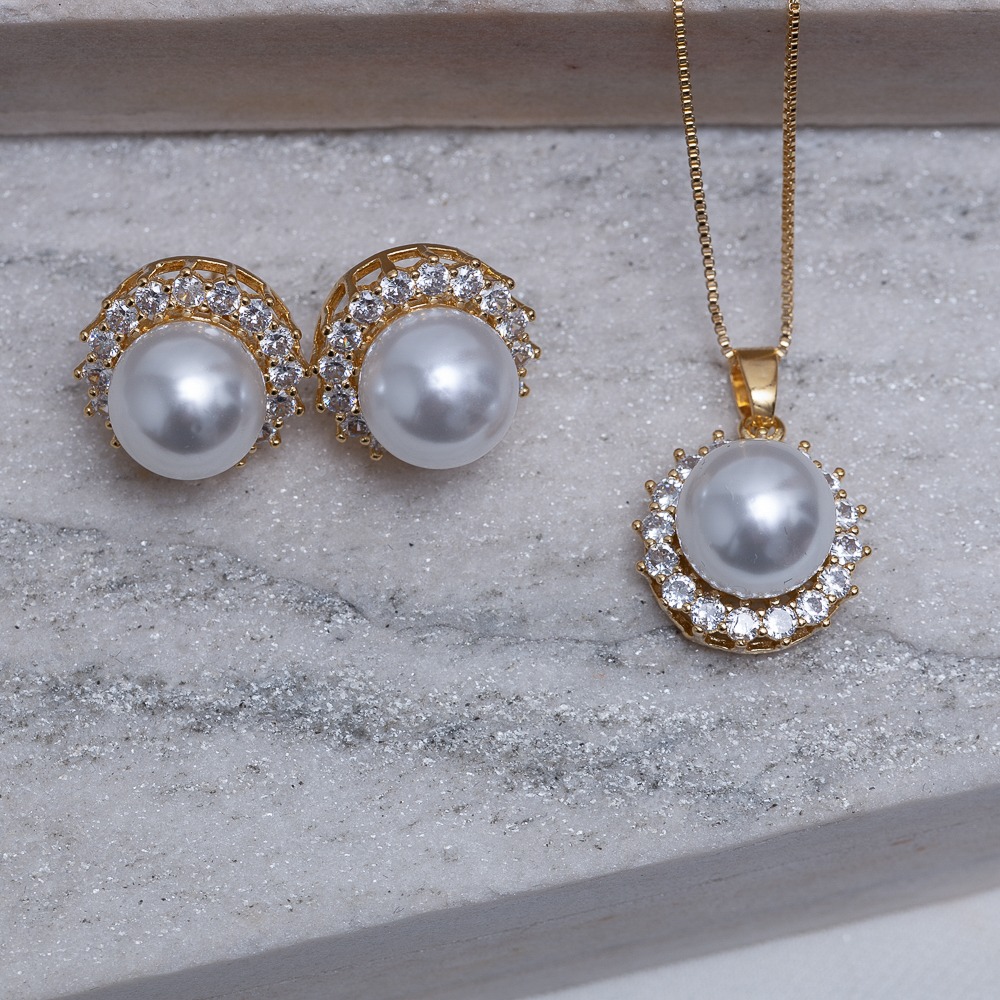 CONJUNTO PÉROLA G COM ZIRCÔNIAS BANHO OURO 18K